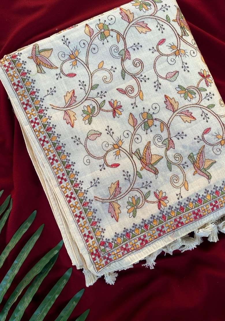 Cream Silk Blend Saree Set with Embroidered for Diwali | Wedding & Festive Wear - Indya
