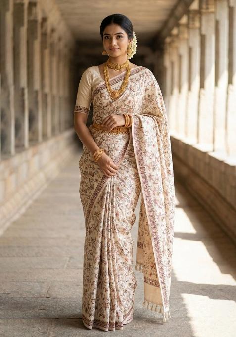 Cream Embroidered Silk Saree Set