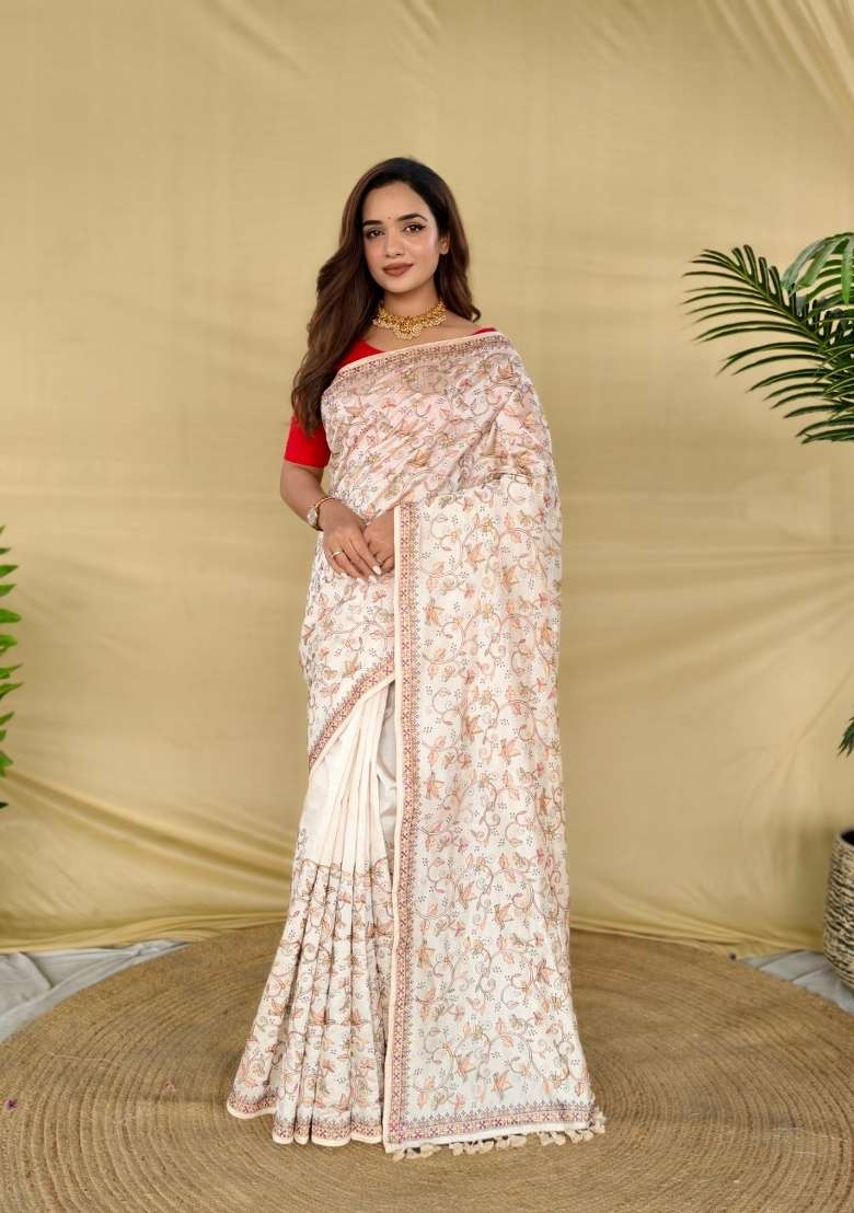 Cream Silk Blend Saree Set with Embroidered for Diwali | Wedding & Festive Wear - Indya