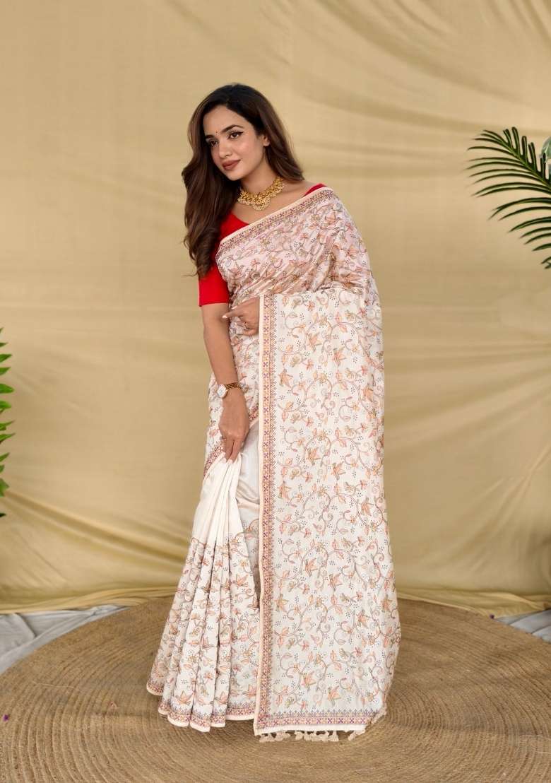 Cream Silk Blend Saree Set with Embroidered for Diwali | Wedding & Festive Wear - Indya