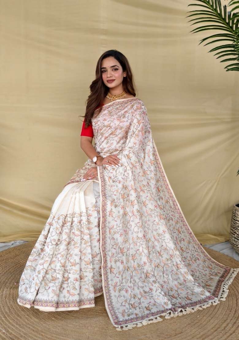 Cream Silk Blend Saree Set with Embroidered for Diwali | Wedding & Festive Wear - Indya
