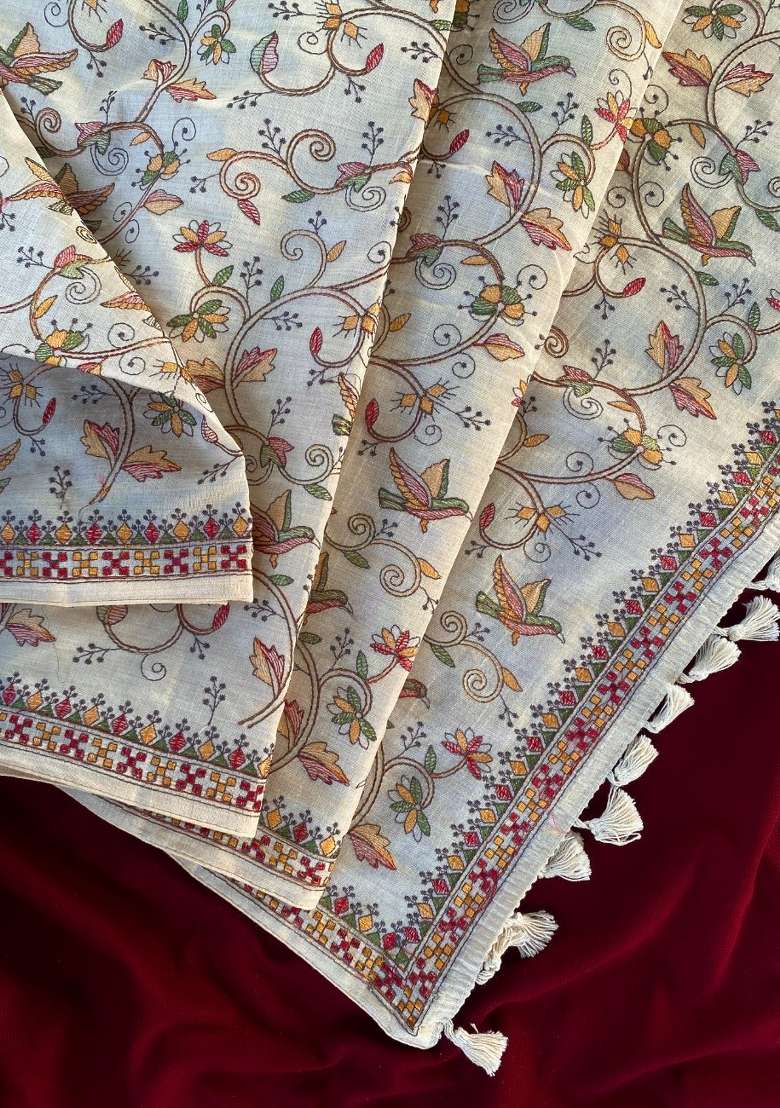 Cream Silk Blend Saree Set with Embroidered for Diwali | Wedding & Festive Wear - Indya