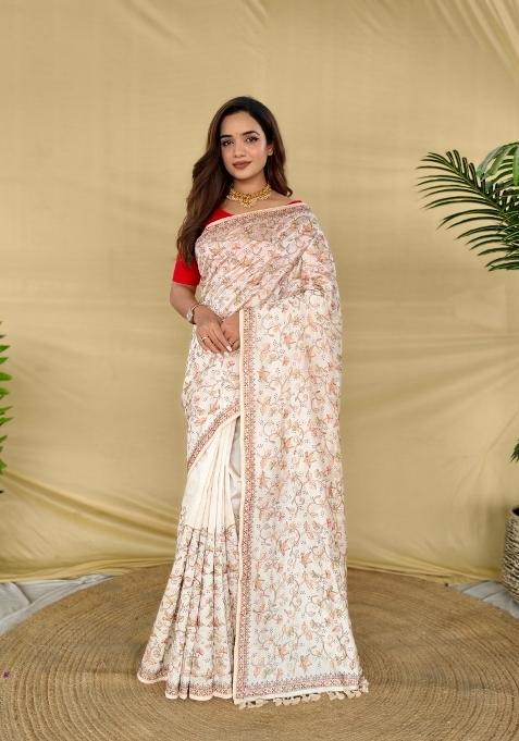 Cream Embroidered Silk Blend Saree Set