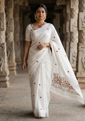 White Embroidered Silk Saree Set