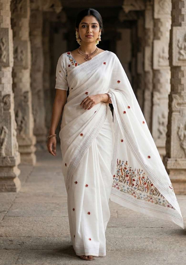 White Silk Blend Saree Set with Embroidered for Diwali | Wedding & Festive Wear - Indya