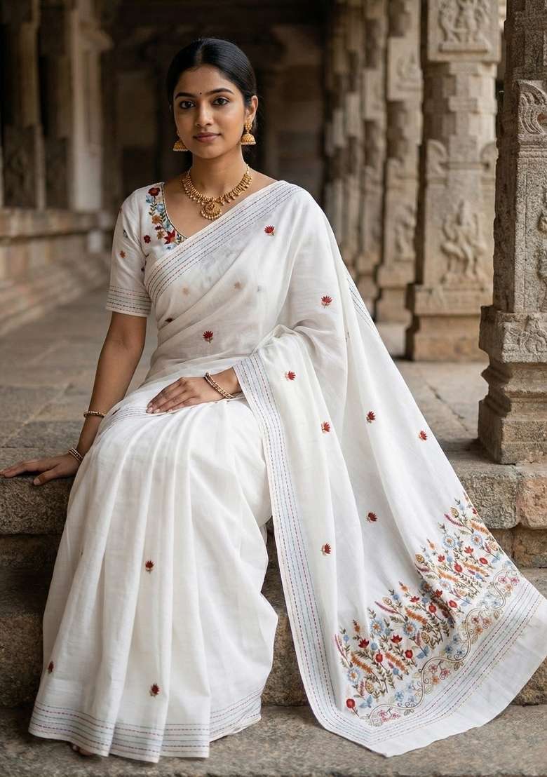 White Silk Blend Saree Set with Embroidered for Diwali | Wedding & Festive Wear - Indya