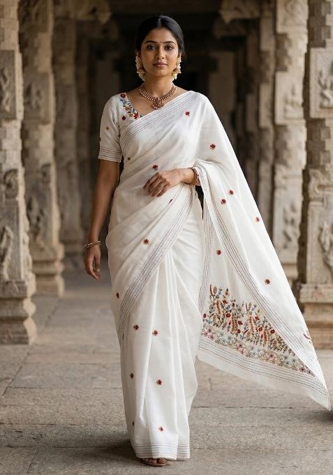 White Embroidered Silk Saree Set