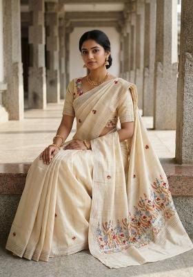 Cream Embroidered Silk Saree Set