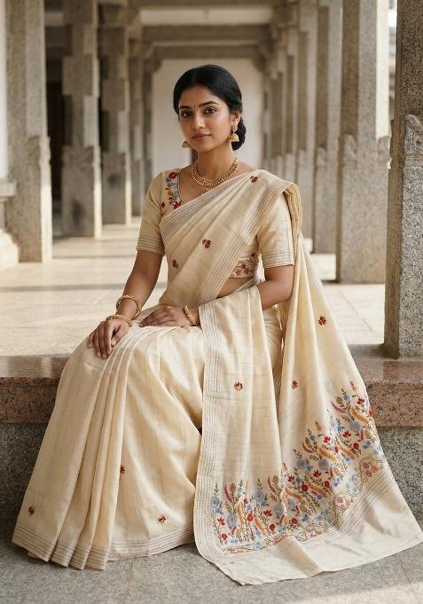 Cream Embroidered Silk Blend Saree Set