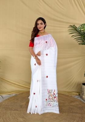White Embroidered Silk Saree Set