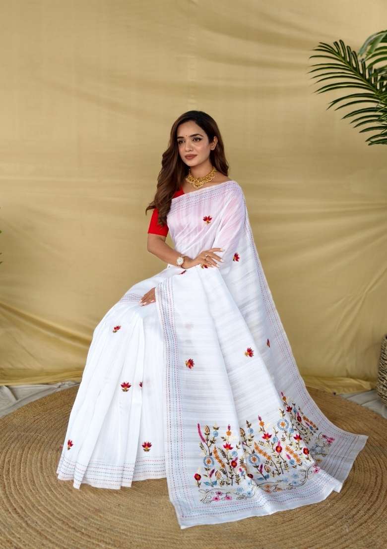 White Embroidered Silk Blend Saree Set for Diwali and Festive Wear - Indya