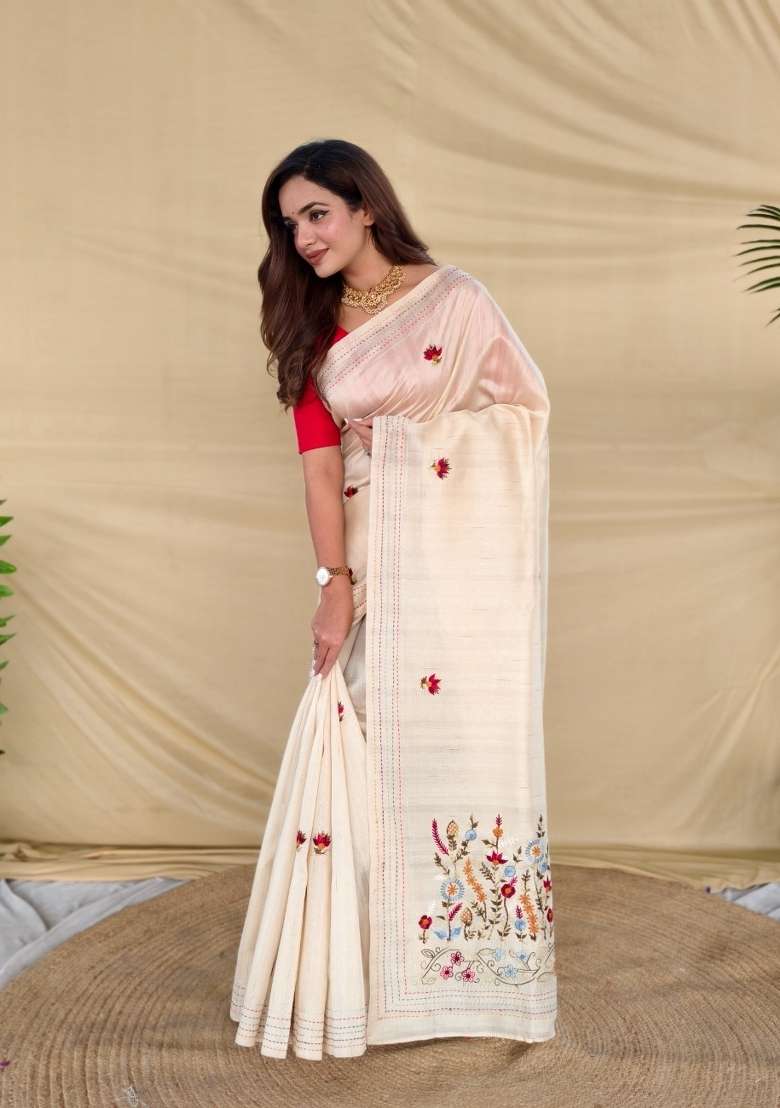 Cream Silk Blend Saree Set with Embroidered for Diwali | Wedding & Festive Wear - Indya
