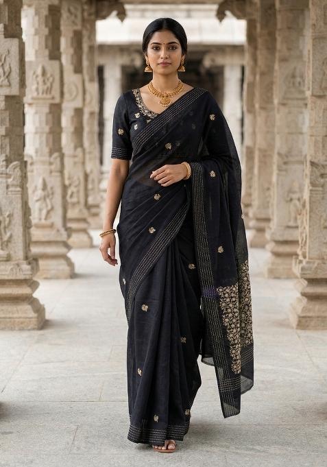 Black Embroidered Silk Blend Saree Set