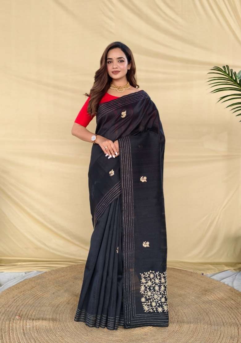 Black Embroidered Silk Blend Saree Set for Diwali and Festive Wear - Indya