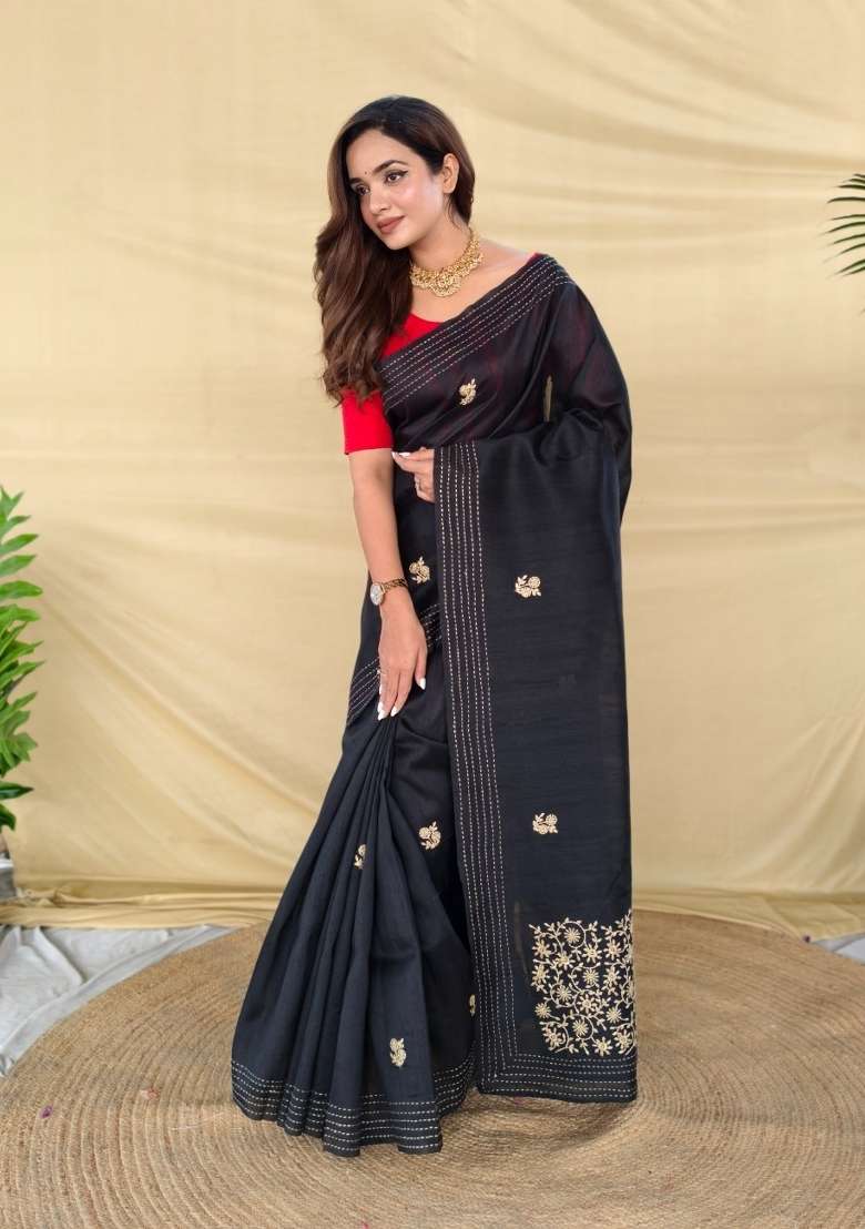Black Embroidered Silk Blend Saree Set for Diwali and Festive Wear - Indya