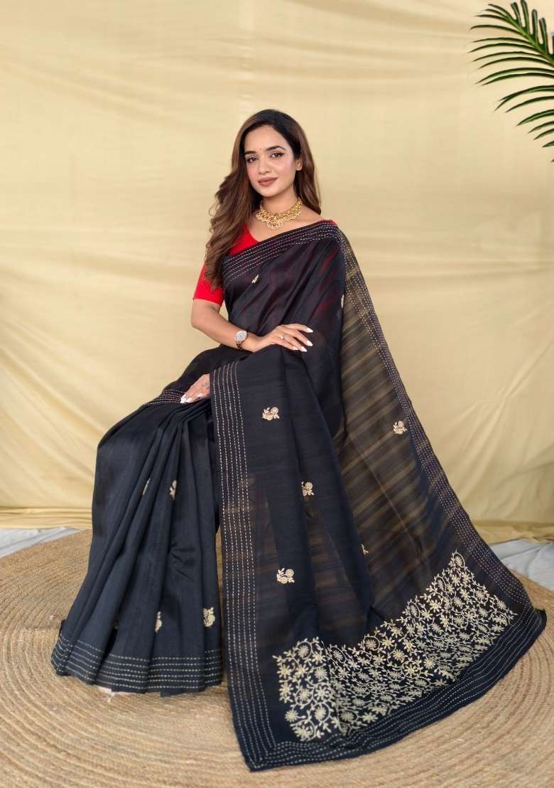 Black Embroidered Silk Blend Saree Set for Diwali and Festive Wear - Indya