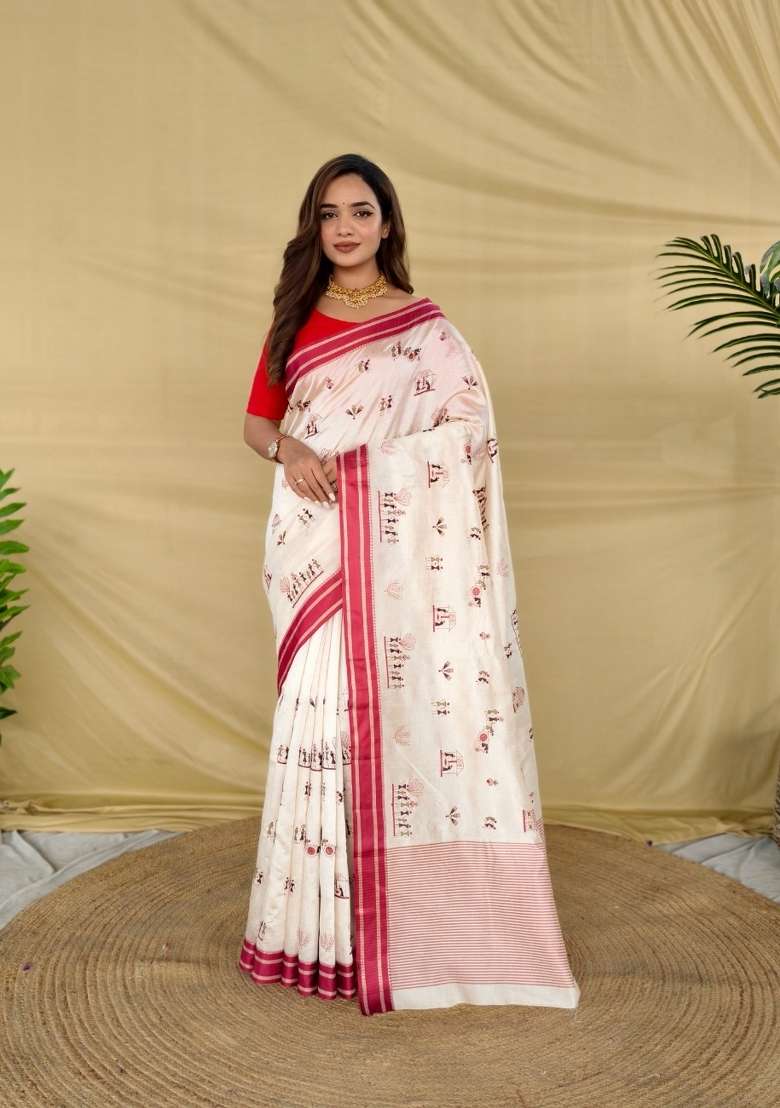 White Embroidered Silk Blend Saree Set for Diwali and Festive Wear - Indya