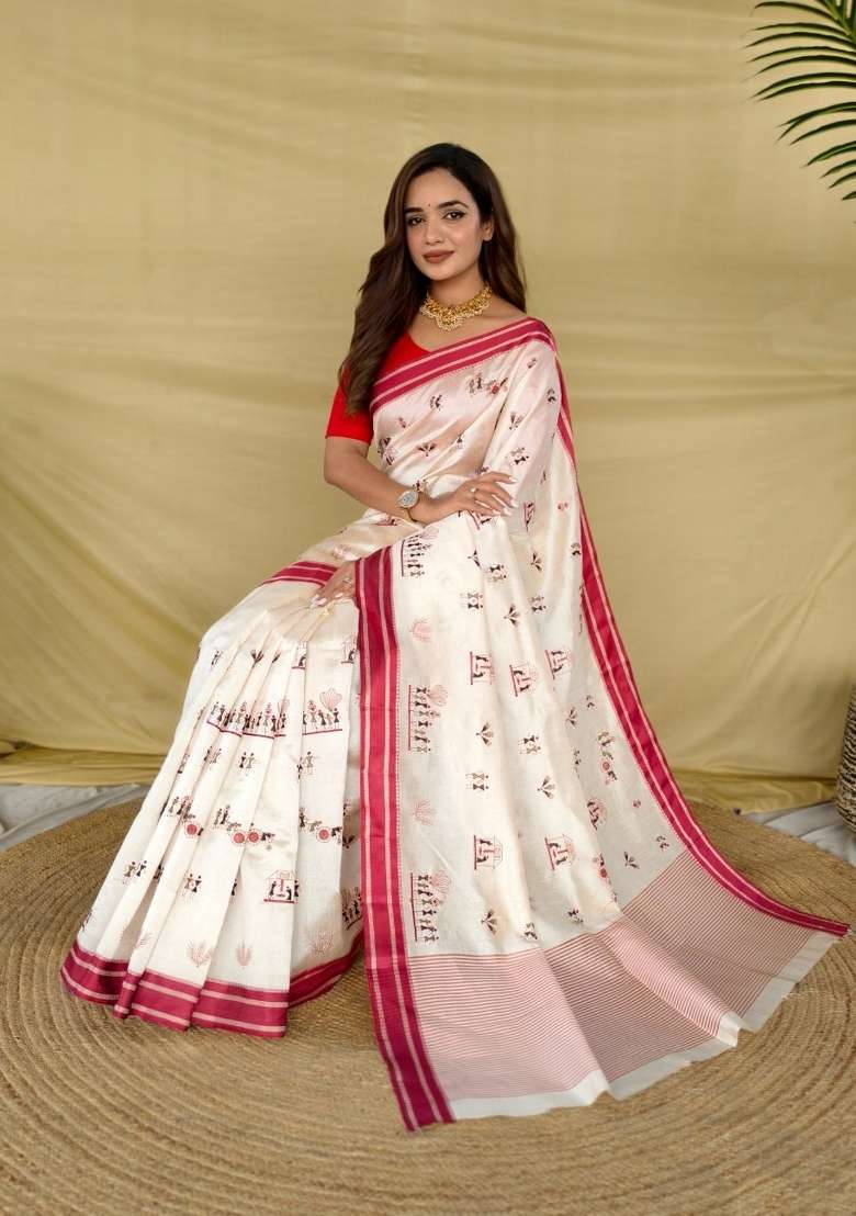 White Embroidered Silk Blend Saree Set for Diwali and Festive Wear - Indya
