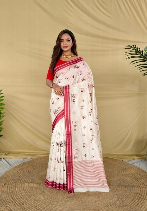 White Embroidered Silk Saree Set