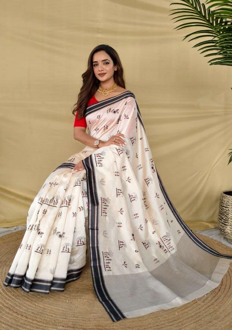White Embroidered Silk Blend Saree Set for Diwali and Festive Wear - Indya
