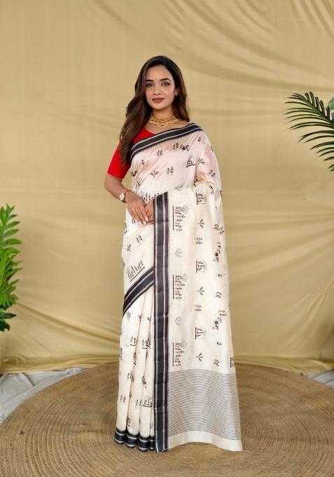 White Embroidered Silk Saree Set