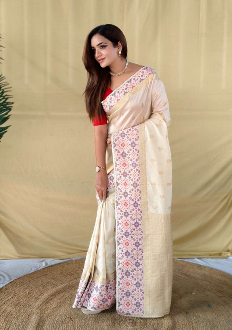 Ivory Woven Silk Blend Saree Set for Diwali | Wedding & Festive Wear - Indya