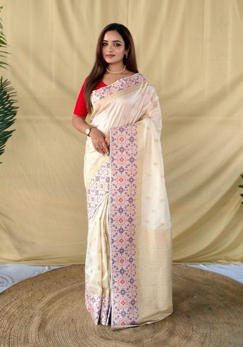 Ivory Woven Silk Saree Set — view on Indya