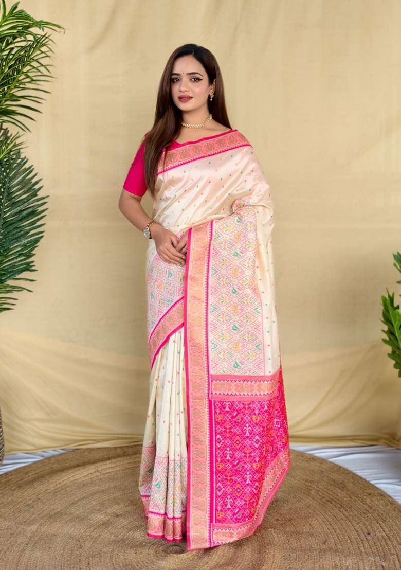 Ivory Woven Silk Blend Saree Set for Diwali and Festive Wear - Indya