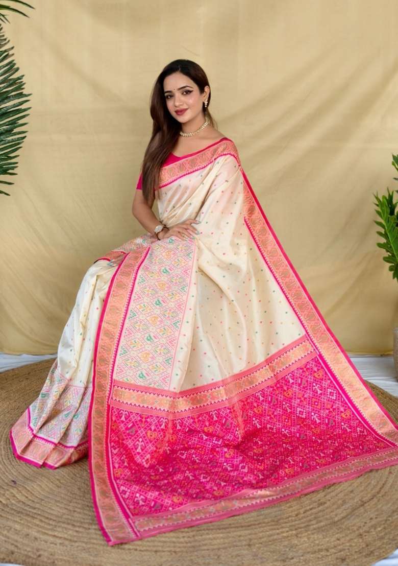 Ivory Woven Silk Blend Saree Set for Diwali and Festive Wear - Indya