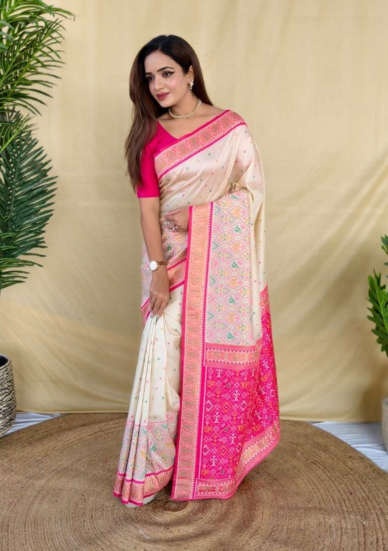 Ivory Woven Silk Blend Saree Set for Diwali and Festive Wear - Indya