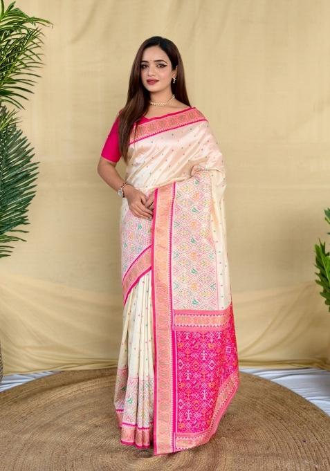 Ivory Woven Silk Saree Set — view on Indya