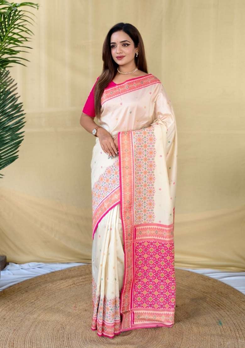 Ivory Woven Silk Blend Saree Set for Diwali and Festive Wear - Indya