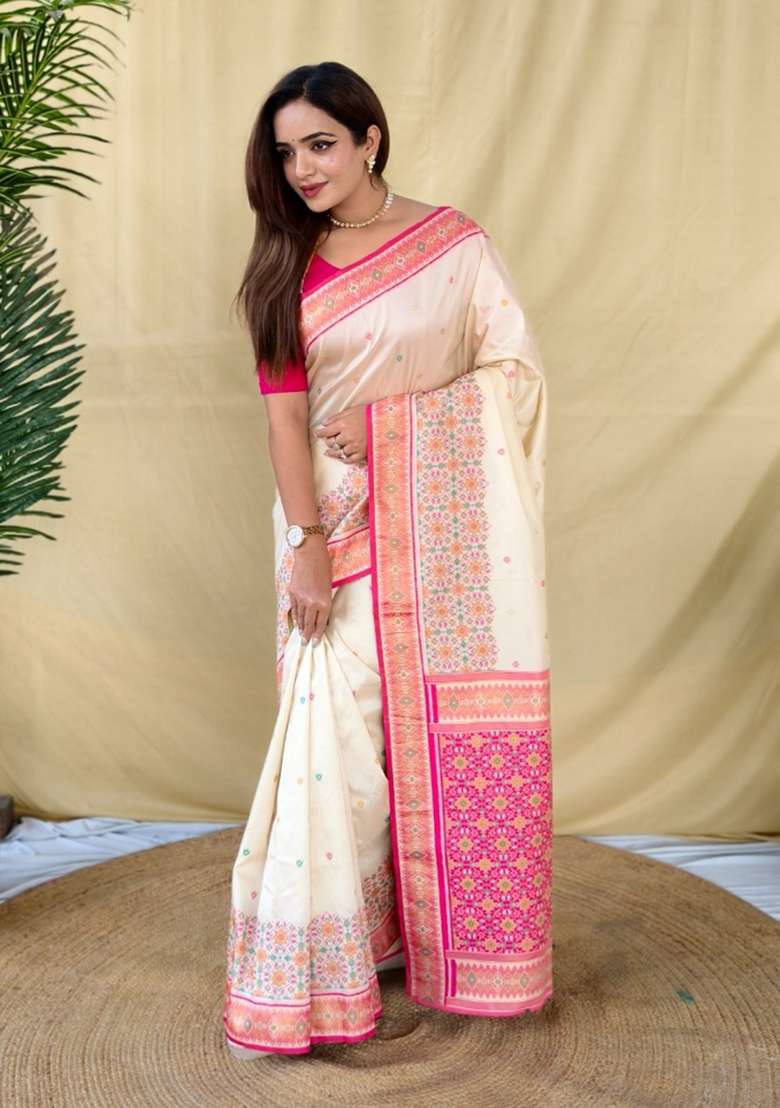 Ivory Woven Silk Blend Saree Set for Diwali and Festive Wear - Indya
