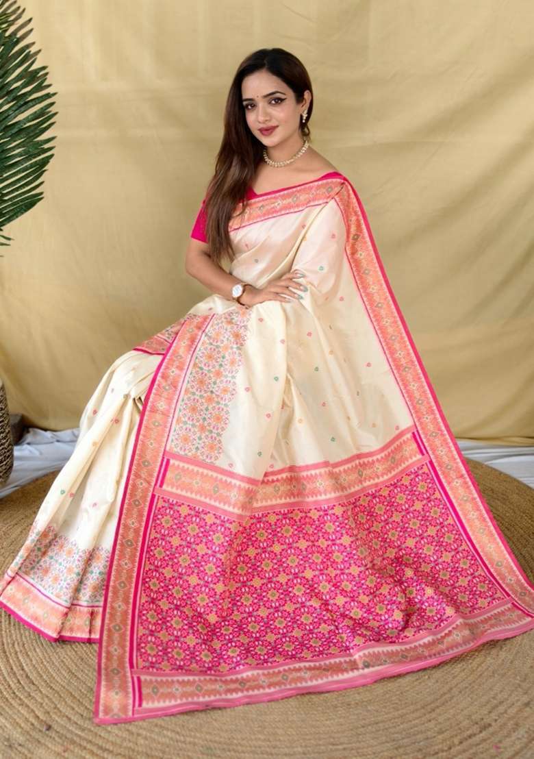 Ivory Woven Silk Blend Saree Set for Diwali and Festive Wear - Indya