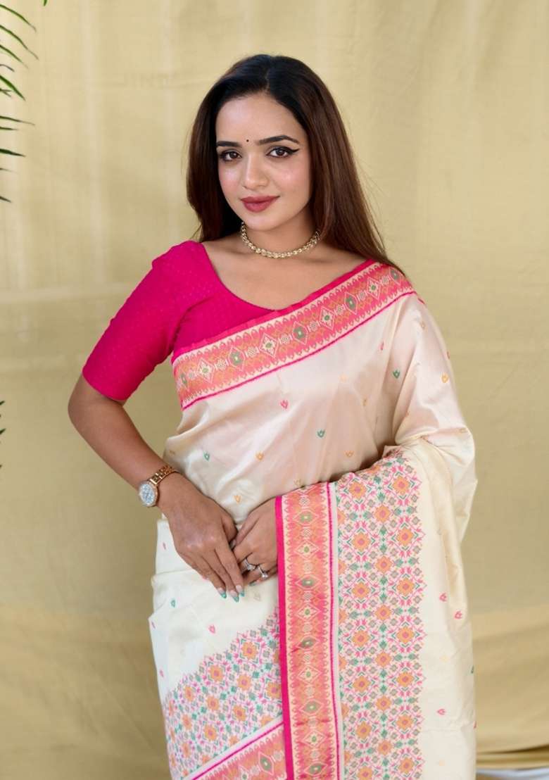 Ivory Woven Silk Blend Saree Set for Diwali and Festive Wear - Indya