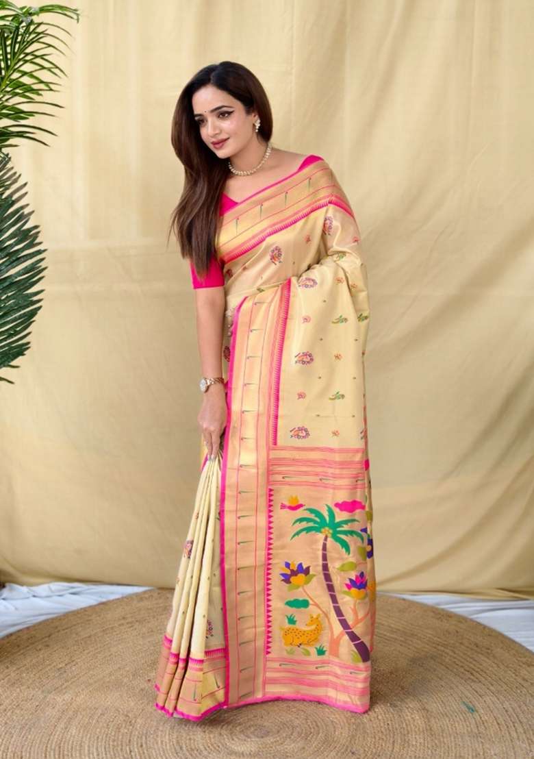 Ivory Woven Silk Blend Saree Set for Diwali | Wedding & Festive Wear - Indya