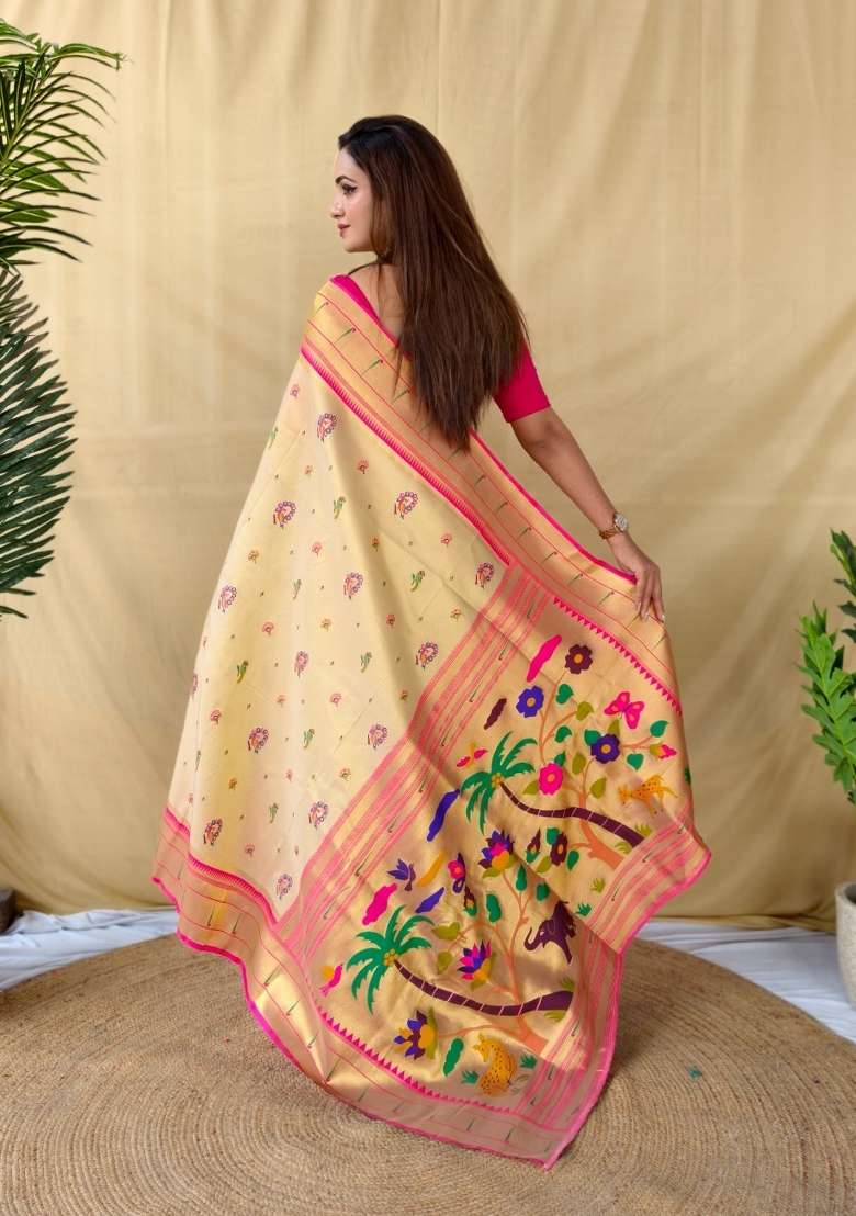 Ivory Woven Silk Blend Saree Set for Diwali | Wedding & Festive Wear - Indya