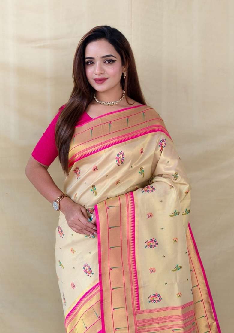 Ivory Woven Silk Blend Saree Set for Diwali | Wedding & Festive Wear - Indya
