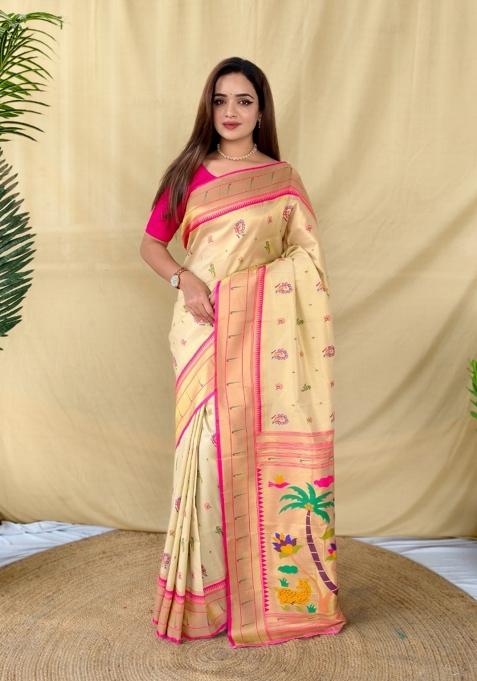 Ivory Woven Silk Saree Set — view on Indya