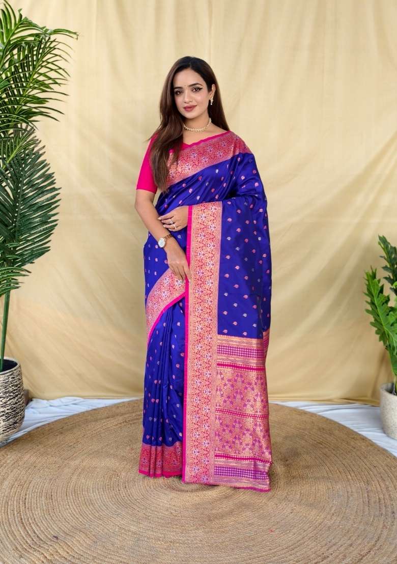 Royal Blue Woven Silk Blend Saree Set for Diwali and Festive Wear - Indya