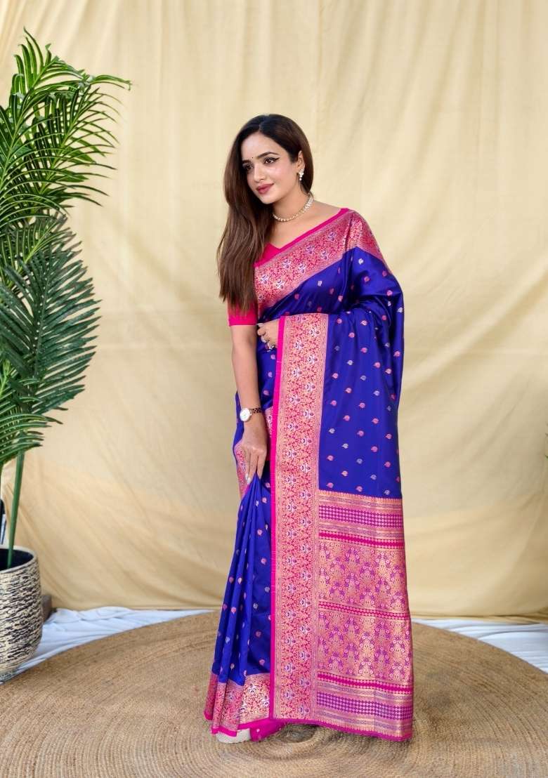 Royal Blue Woven Silk Blend Saree Set for Diwali and Festive Wear - Indya