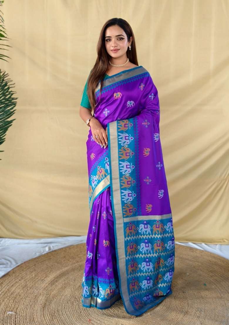 Purple Woven Silk Blend Saree Set for Diwali | Wedding & Festive Wear - Indya