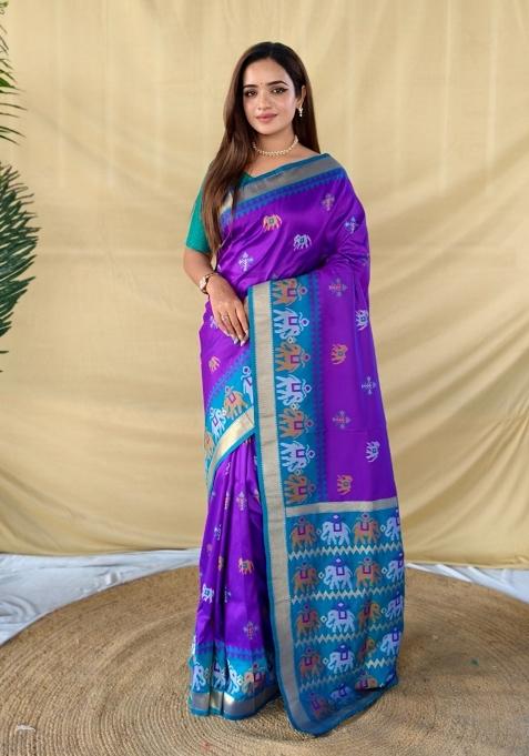 Purple Woven Silk Saree Set — view on Indya
