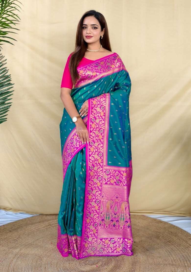 Teal Woven Silk Blend Saree Set for Diwali | Wedding & Festive Wear - Indya