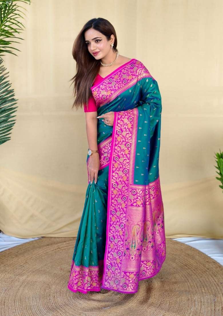 Teal Woven Silk Blend Saree Set for Diwali | Wedding & Festive Wear - Indya