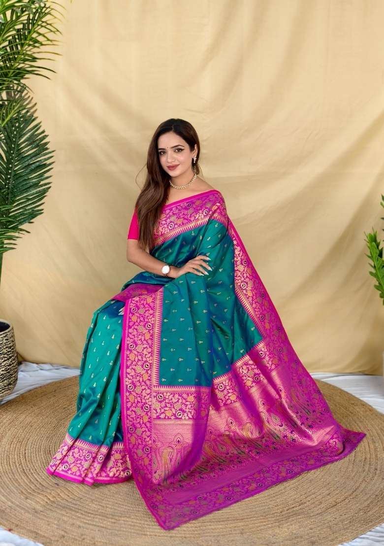Teal Woven Silk Blend Saree Set for Diwali | Wedding & Festive Wear - Indya