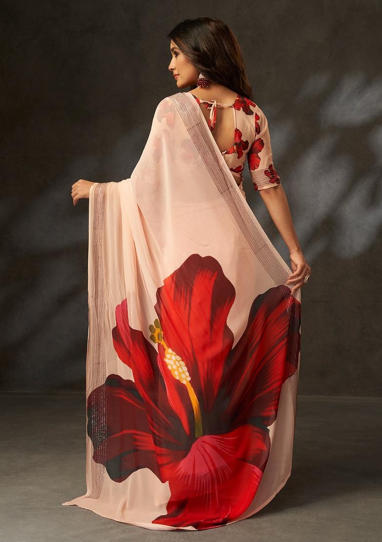 Peach Printed Georgette Saree Set - Indya