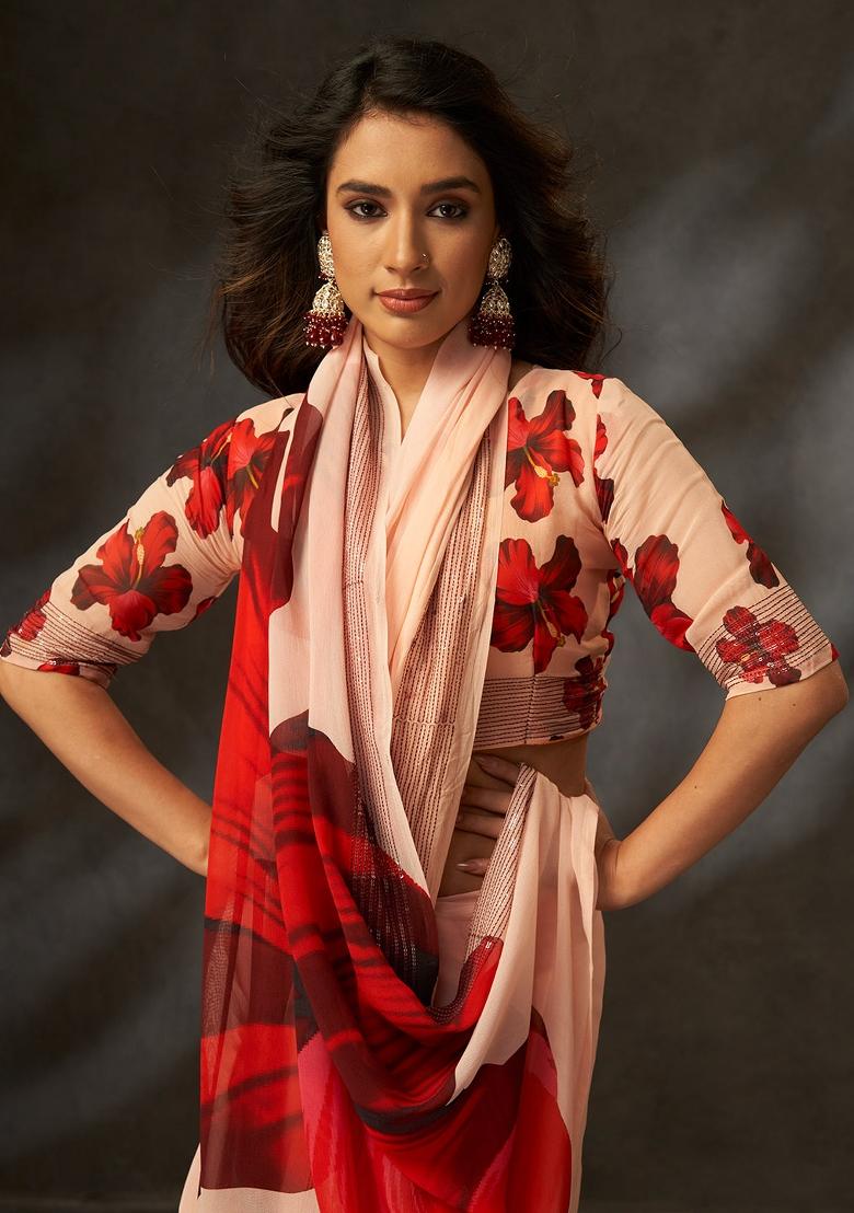 Peach Printed Georgette Saree Set - Indya