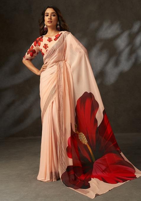 Peach Printed Georgette Saree Set — view on Indya