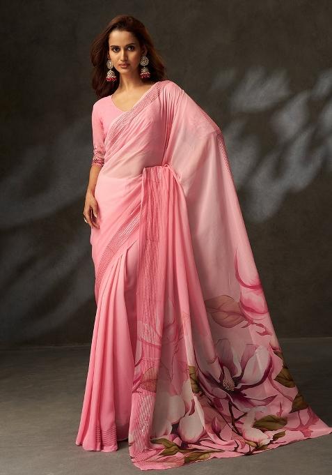 Pink Printed Georgette Saree Set — view on Indya